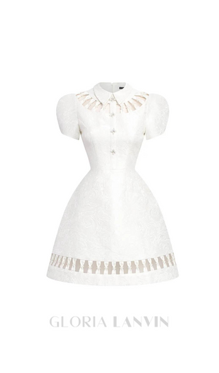 EARTHA WHITE PUFFY HOLLOW BROCADE MINI DRESS