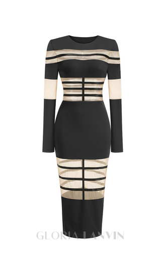 DORIS LONG SLEEVES MESH INSERT MIDI DRESS IN BLACK