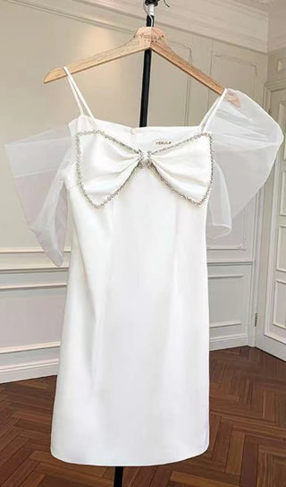 WHITE PUFF SLEEVE BOW MINI DRESS