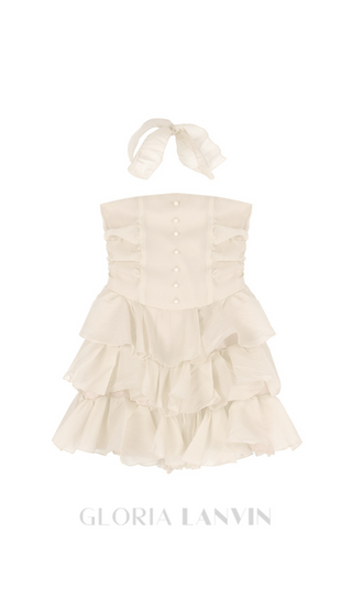 JANICE STRAPLESS RUFFLE MINI CHIFFON DRESS IN BEIGE