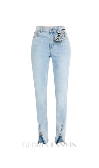 Quinta Floral Zip-Hem Skinny Jeans in pale blue