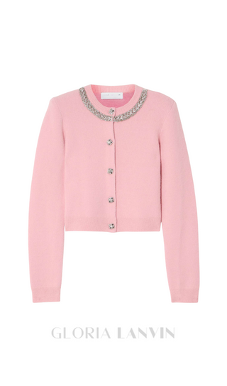 Rhinestone-embellishment padded-shoulders knitted cardigan in pink