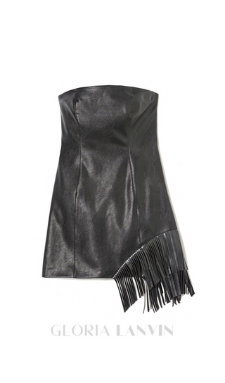 black Asymmetric fringed hem strapless leather skirt