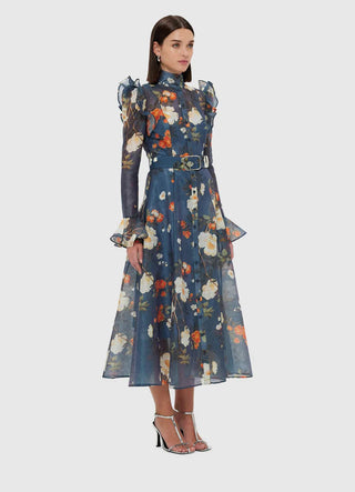 Pear Blossom Print Butterfly Sleeve Midi Dress