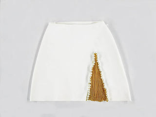 MIRIAM KHAKI METAL PEARL CHAIN TASSEL MINI SKIRT SET