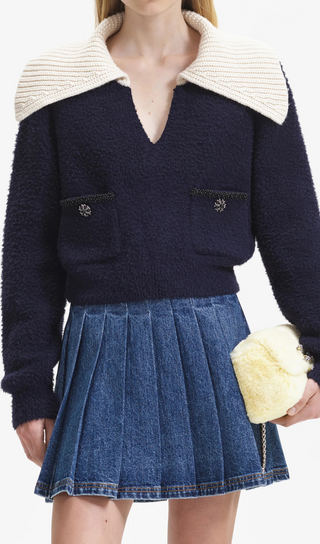 NAVY SOFT KNIT COLLAR TOP