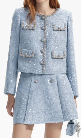 BLAUE JACKE AUS BOUCLE MIT PAILLETTEN 