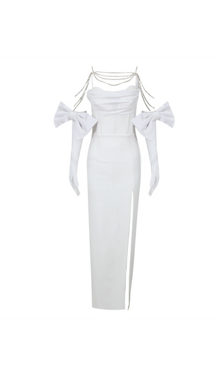 ROBE MAXI À BANDAGE DANS LE DOS BLANC AVEC GANTS 