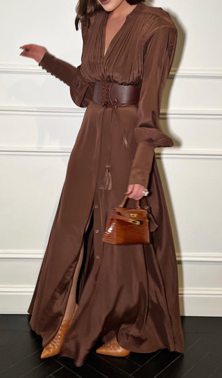 LONG SLEEVE PLUNGE V NECK MAXI DRESS BROWN