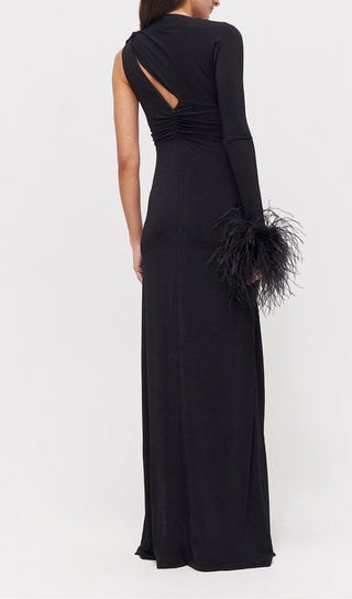 ONE SLEEVE FEATHER MAXI DRESS BLACK