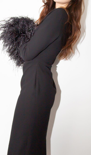 ONE SLEEVE FEATHER MAXI DRESS BLACK