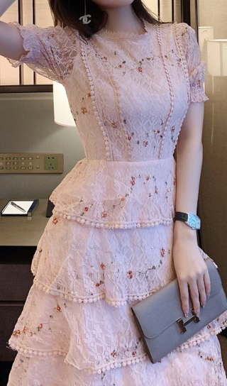 PINK FLORAL LACE MIDI DRESS