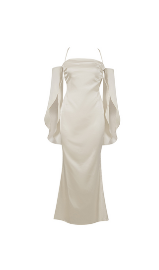 APRICOT SHOULDER RUCHED SATIN DRESS