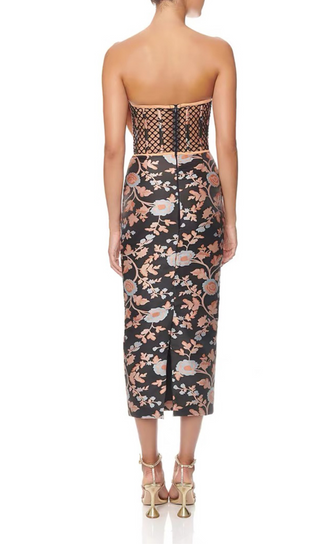 FLORAL JACQUARD STRAPLESS MIDI DRESS