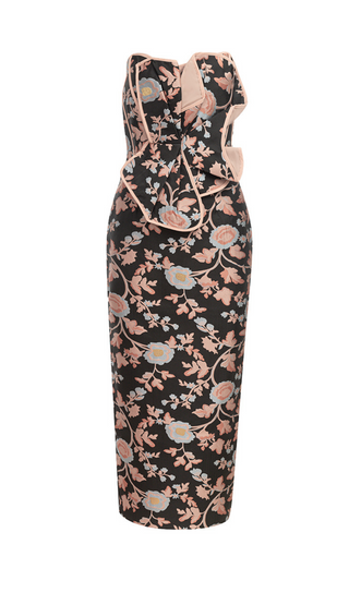 FLORAL JACQUARD STRAPLESS MIDI DRESS