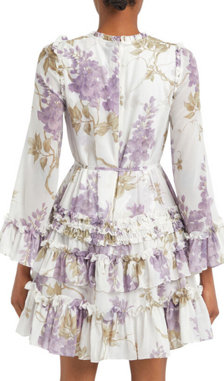 WISTERIA CHIFFON PRINTED ROUND NECK MINI DRESS