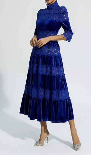 ROBE EN VELOURS CREUX PATCHWORK BLEU