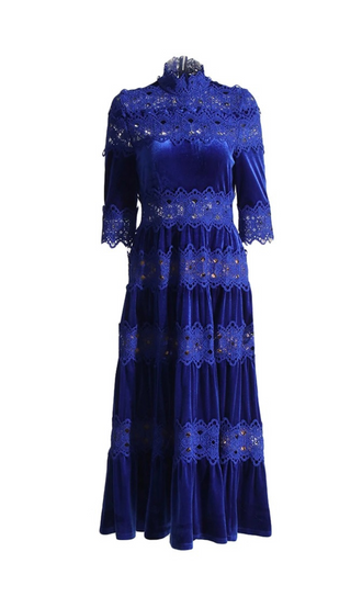 ROBE EN VELOURS CREUX PATCHWORK BLEU