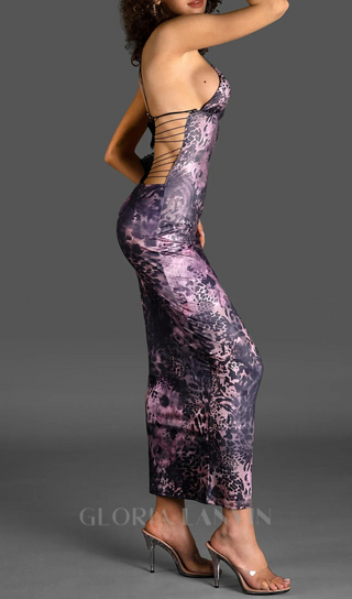 SPAGHETTI LEOPARD PRINT BACKLESS DRESS IN PURPLE