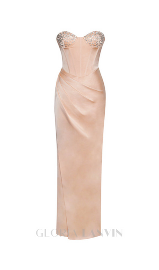 BLUSH SATIN CORSET SLIT GOWN WITH CRYSTAL EMBELLISHED