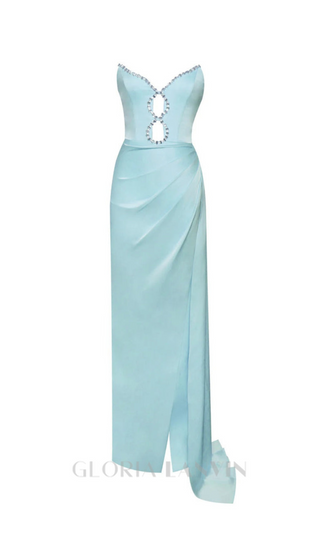 BLUE SATIN CRYSTAL EMBELLISHED HIGH SLIT GOWN