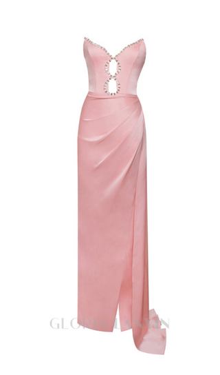 PINK SATIN CRYSTAL EMBELLISHED HIGH SLIT GOWN