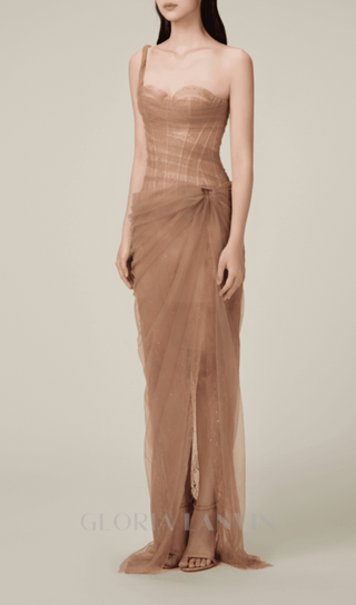 ONE SHOULDER MESH RUCHED MIDI DRESS IN BROWN