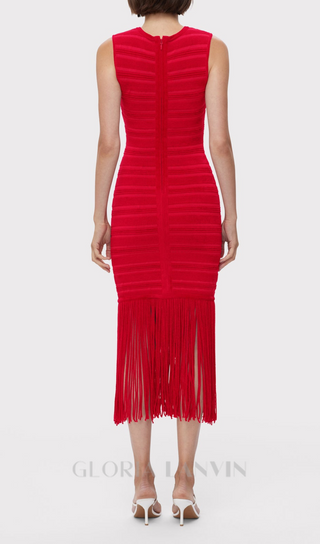 RED TEXTURED CHENILLE FRINGE MIDI DRESS