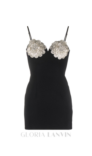 BLACK FLORAL-APPLIQUÉ CRYSTAL-EMBELLISHED MINI DRESS