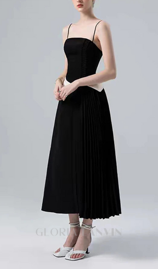 SLIP CONTRAST COLOR MIDI DRESS IN BLACK