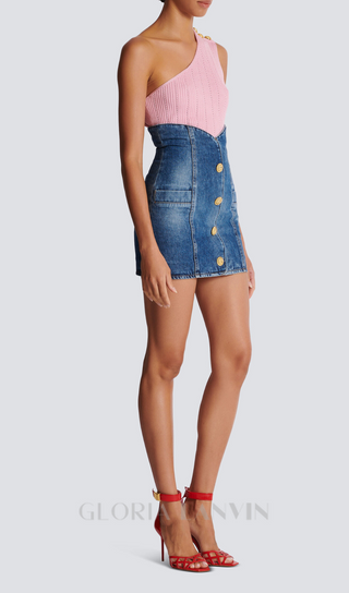 DENIM TULIP MINI DRESS WITH BUTTONS IN NAVY