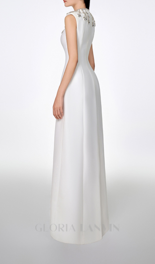 WHITE SLEEVELESS BODYCON MAXI DRESS WITH STONE EMBELLISHMENT