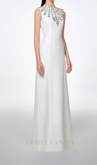 WHITE SLEEVELESS BODYCON MAXI DRESS WITH STONE EMBELLISHMENT