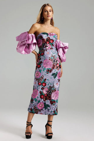 ANGELA MULTICOLOR FLOWER SEQUINS RUFFLED SHOULDER MIDI DRESS