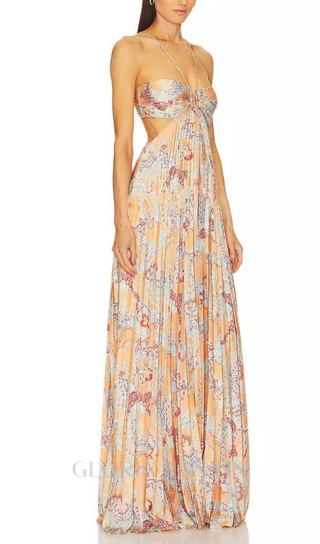 MOIRA CUTOUT FLORAL PRINTED HALTERNECK GOWN