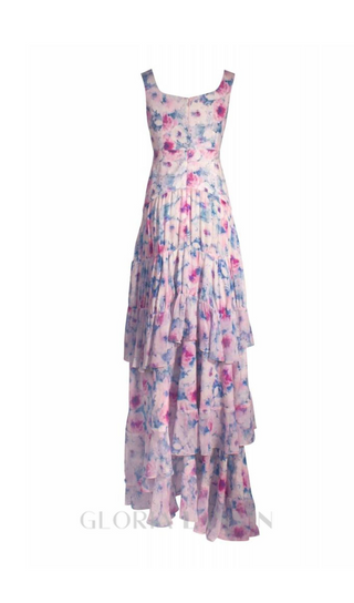 FLORAL PRINT RUFFLE TRIM MAXI DRESS IN ROSE