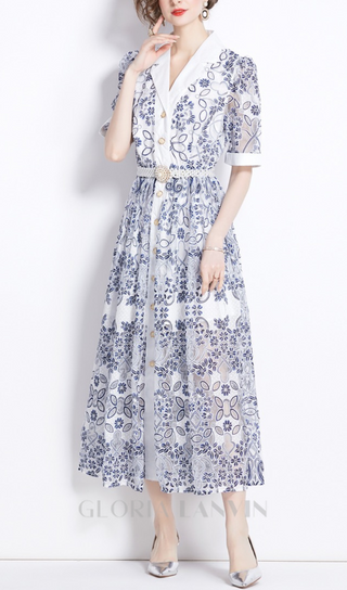 V NECK SPLICED BELTS EMBROIDERY MIDI DRESS IN BLUE