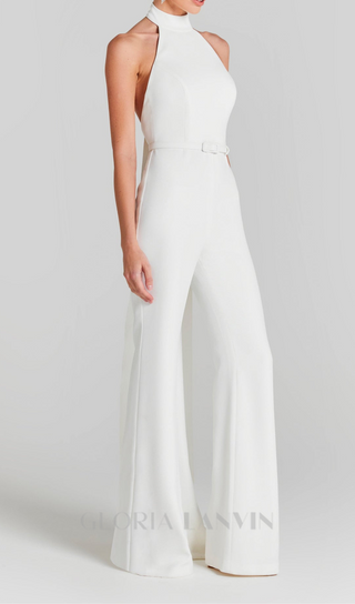 HALTER SLEEVELESS JUMPSUIT WITH BELT IN WHITE