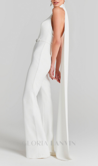 HALTER SLEEVELESS JUMPSUIT WITH BELT IN WHITE