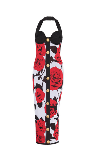 MULTICOLOR HALTERNECK ROSE PRINT MIDI DRESS