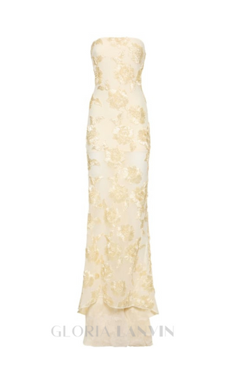 EMBROIDERED STRAPLESS GOWN IN APRICOT