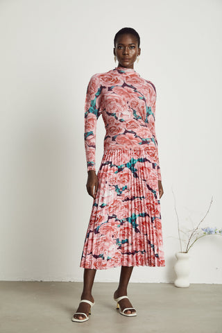 Émeline floral-print pleated top & skirt matching set