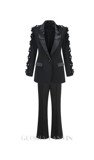 LEONIE FLOWER EMBELLISHED BLACK BLAZER