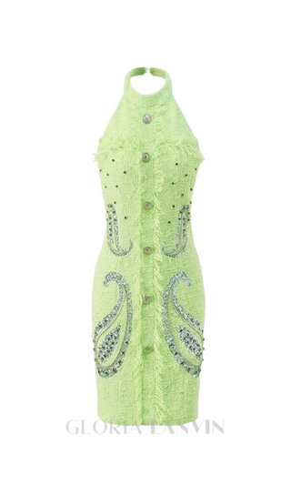 GEMMA PAISLEY-EMBELLISHED TWEED MINI DRESS IN GREEN