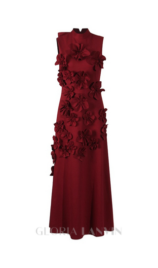 ANNONA RED FLOWER EMBELLISHED MAXI DRESS