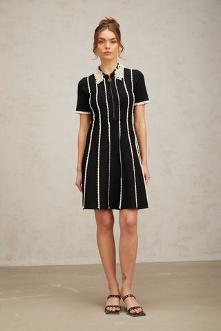 Zazie black vertical-striped ruffle-trim knit mini dress