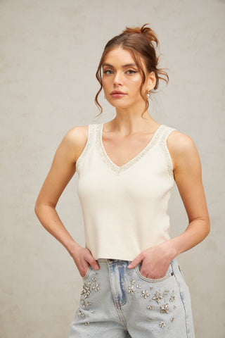 Celia white sequined fine-knit cropped top