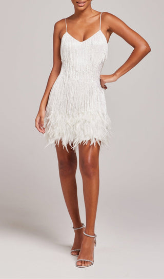 CHAMPAGNE TASSEL FEATHER MINI DRESS