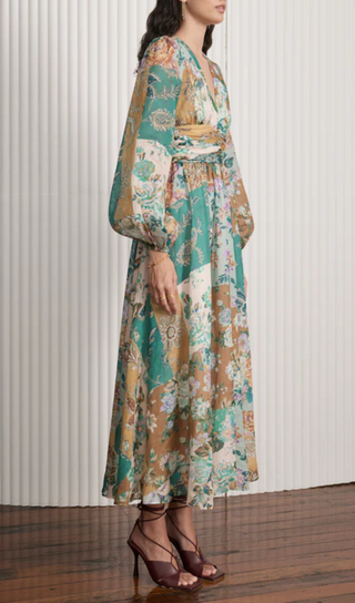 PUFF SLEEVE FLORAL PRINT V NECK RUCHED MIDI DRESS