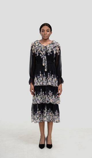 ORIELLE BLACK FLORAL MIDI DRESS